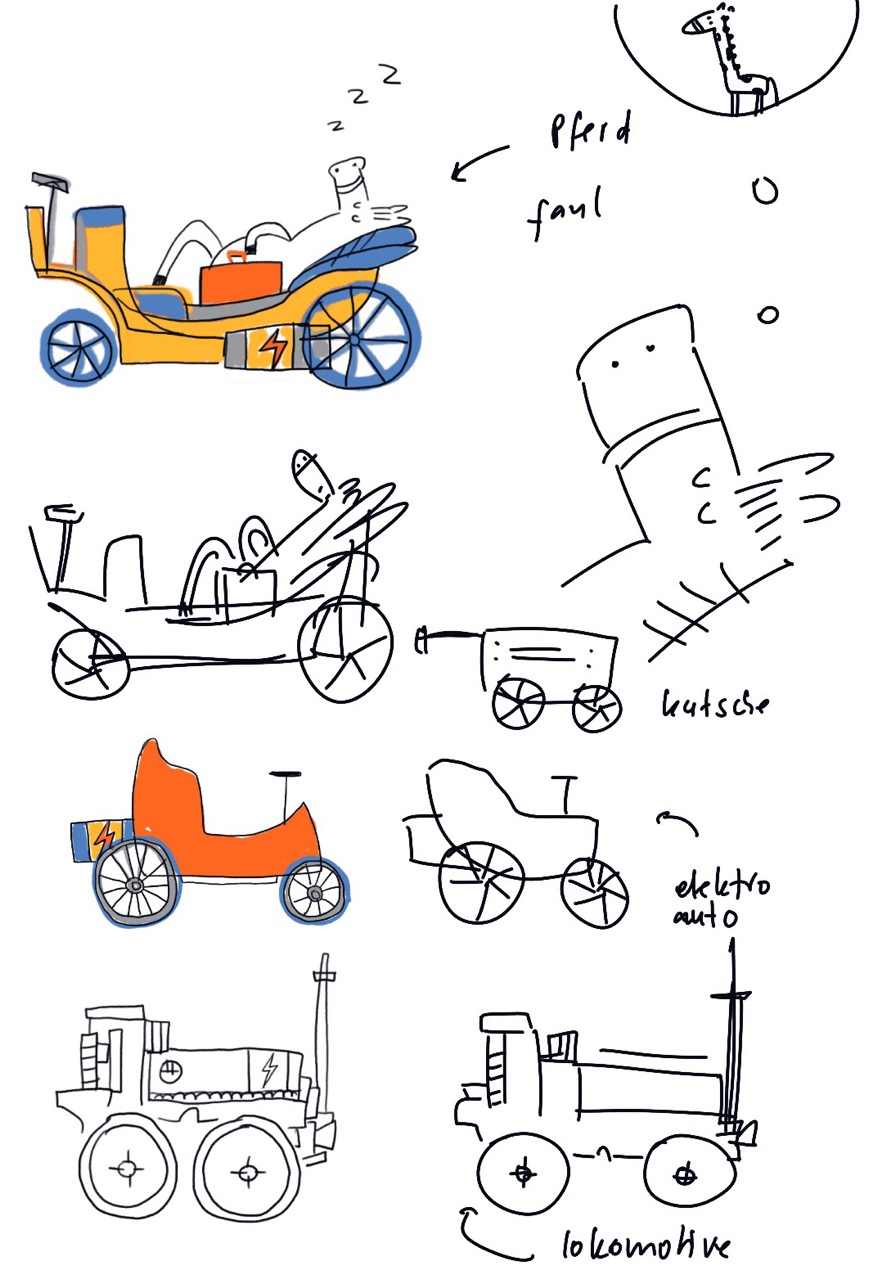 Skizzen aus dem Video zeigen verschiedene Zeichenvarianten von elektro-lokomotive, Elektroauto und Kutsche. 