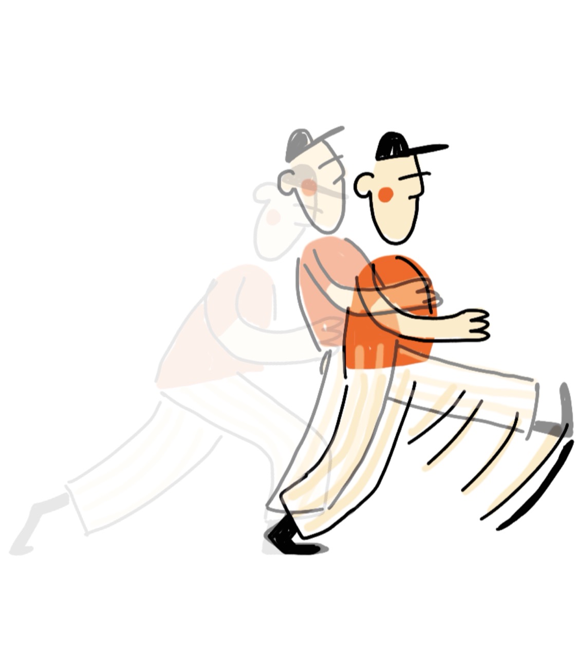 Eine gezeichnete Figur mit Cap macht einen großen Schritt nach vorn. Drei Frame by Frame  Zeichnungen visualisieren die Bewegung. 